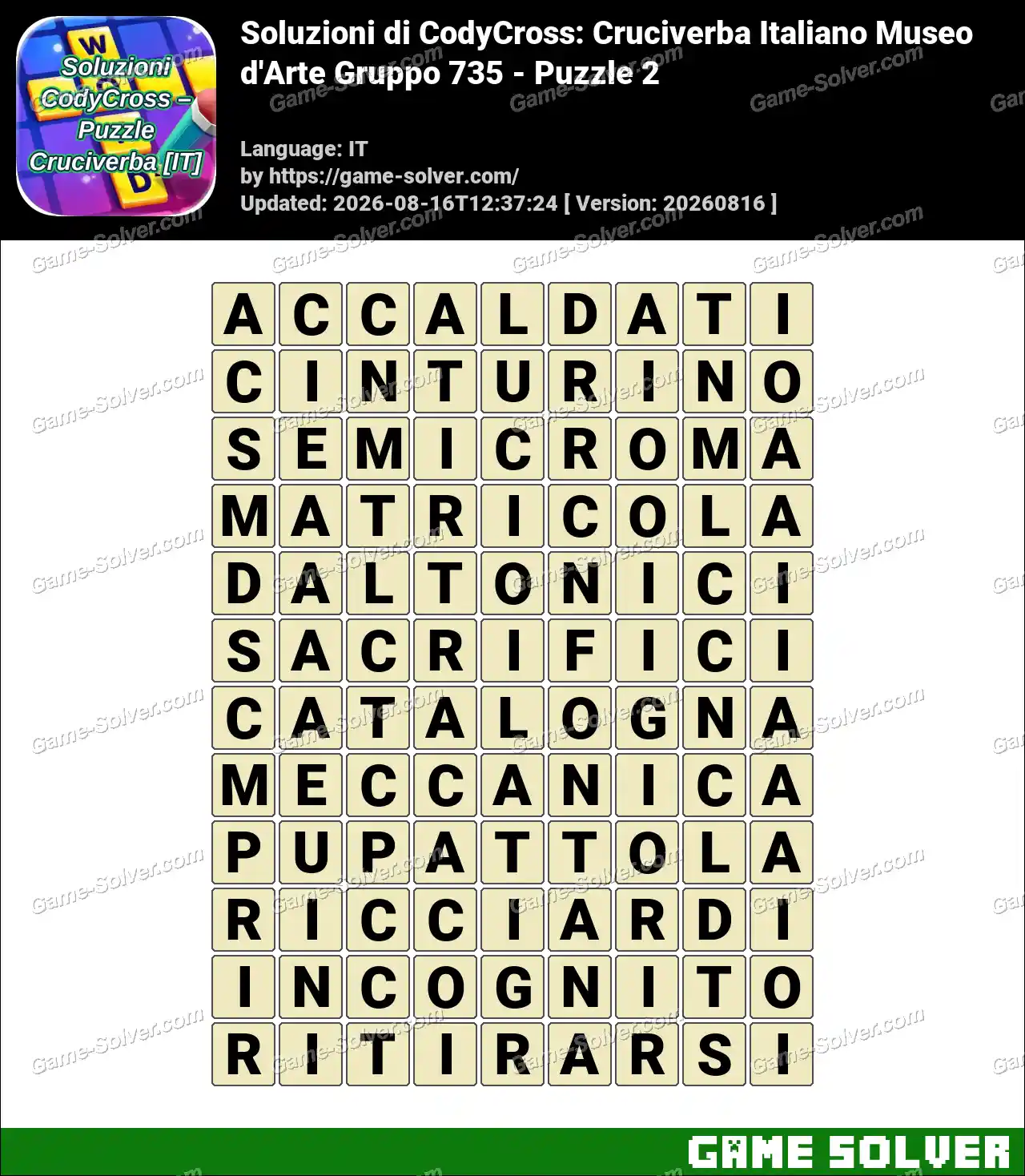 Soluzioni di CodyCross: Cruciverba Italiano Museo d’Arte Gruppo 735 – Puzzle 2